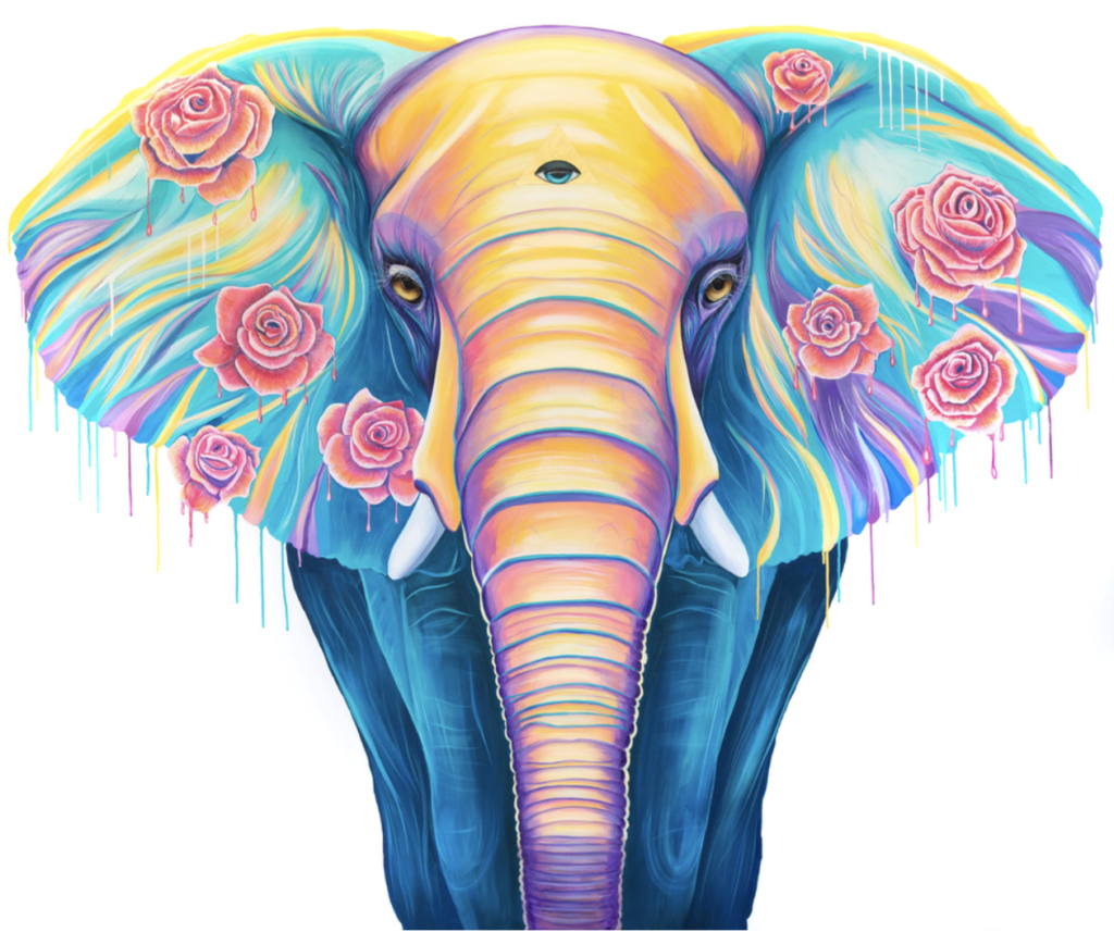 Ethereal Animalize painting of an elephant with roses and a third eye